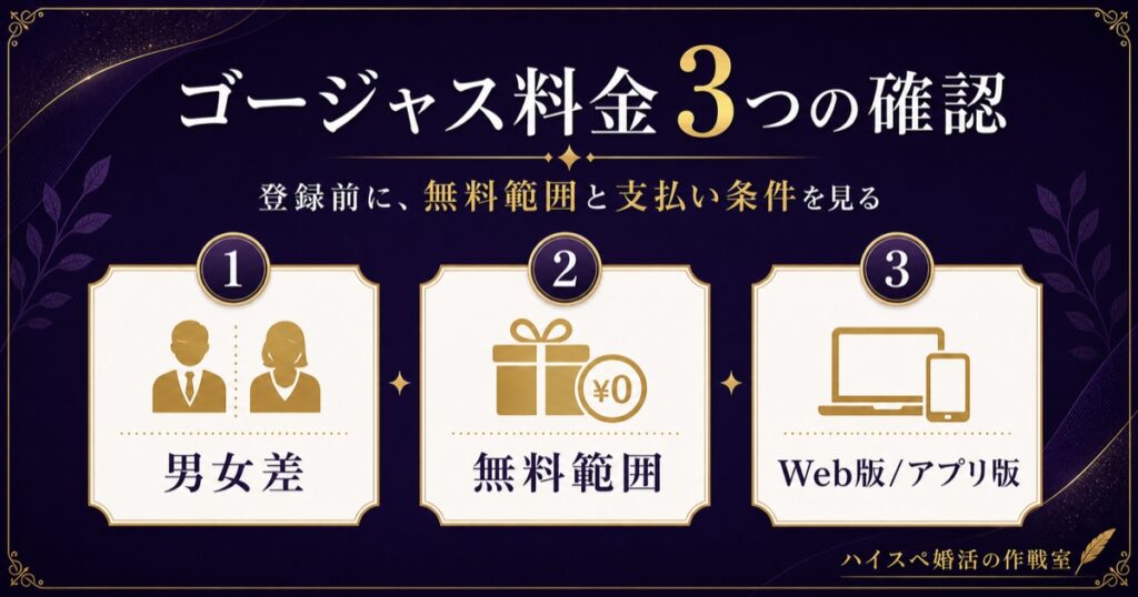 ゴージャスの料金を男女差、無料範囲、Web版とアプリ版で確認する図解